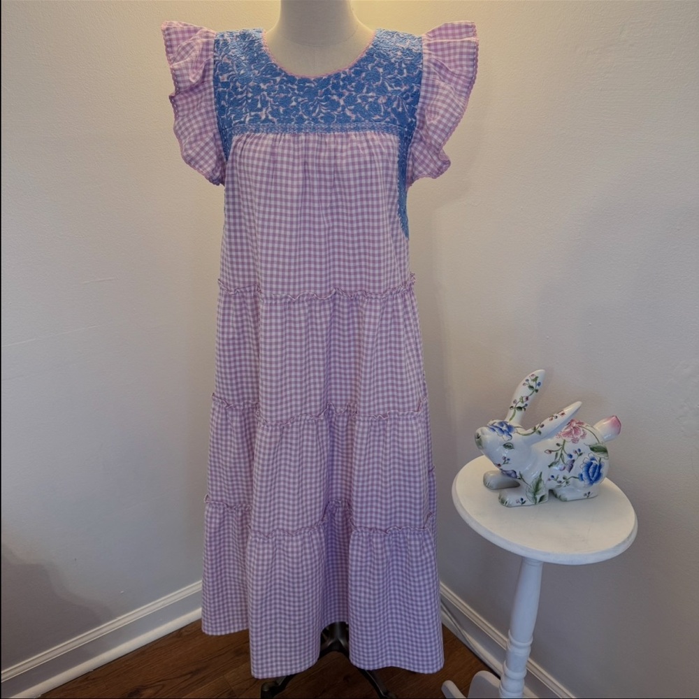 J.Marie Women’s Medium Kayla Tiered Blue Purple Checked Gingham Midi Dress